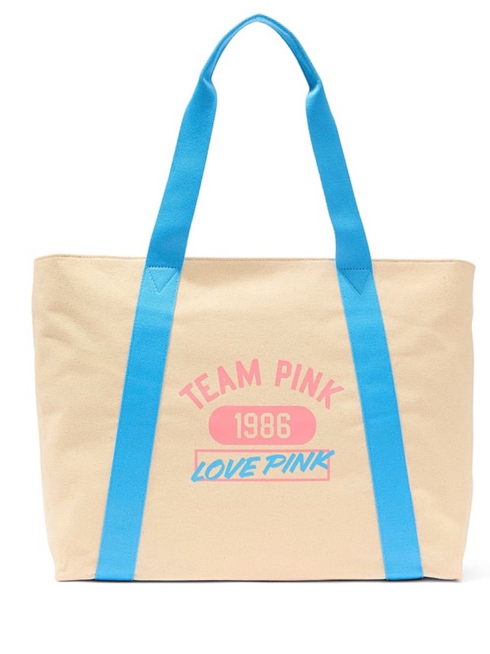 PINK Victoria's Secret Cream Canvas Tote with Blue Straps and Pink Logo